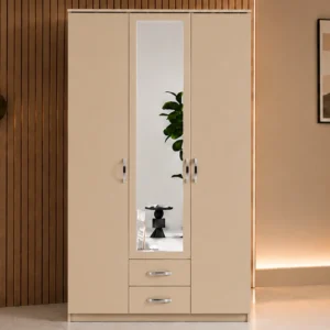 Armoire Beige 3 Portes Design Grand Miroir avec 2 Tiroirs Intégrés - Grande Penderie et Rangement Optimisé - Mobilier Moderne pour Chambre Adulte