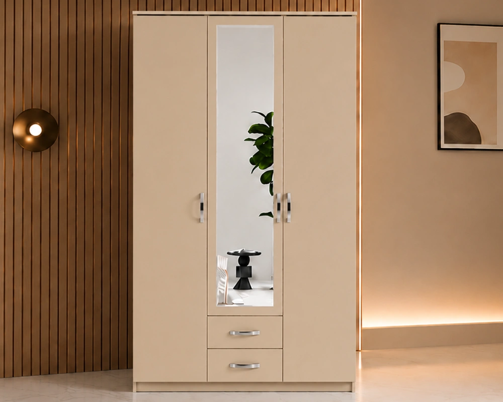 Armoire Beige 3 Portes Design Grand Miroir avec 2 Tiroirs Intégrés -  Grande Penderie et Rangement Optimisé -  Mobilier Moderne pour Chambre Adulte