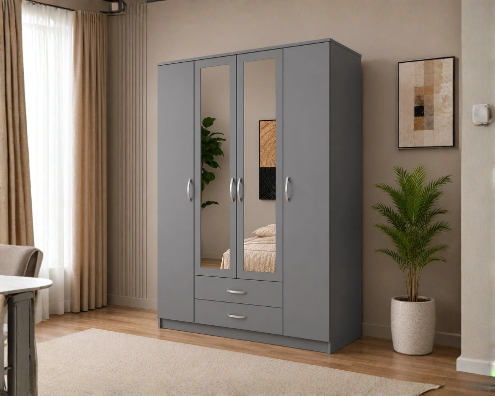 Armoire Grise Contemporaine 4 Portes Grand Miroir Pleine Longueur - 2 Tiroirs et Rangements Spacieux - Style Élégant pour Chambre Moderne – Image 3