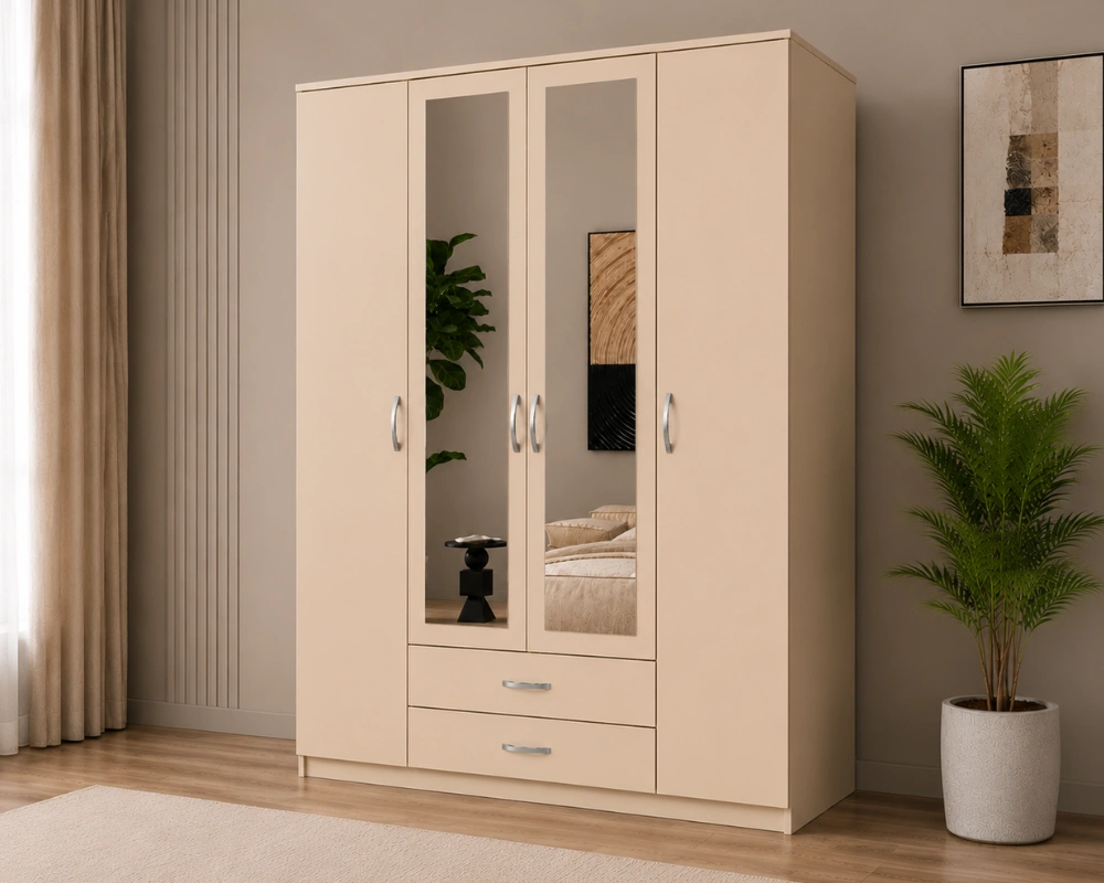 Armoire Beige 4 Portes avec Grand Miroir - 2 Tiroirs Spacieux et Grande Penderie Grande Capacité de Rangement - Design Moderne pour Chambre Adulte – Image 3