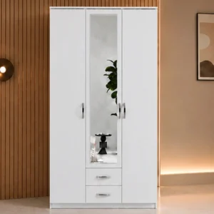 Armoire Blanche Élégante 3 Portes Grand Miroir avec 2 Tiroirs Intégrés - Grande Penderie et Rangement Intelligent - Style Moderne pour Chambre Adulte