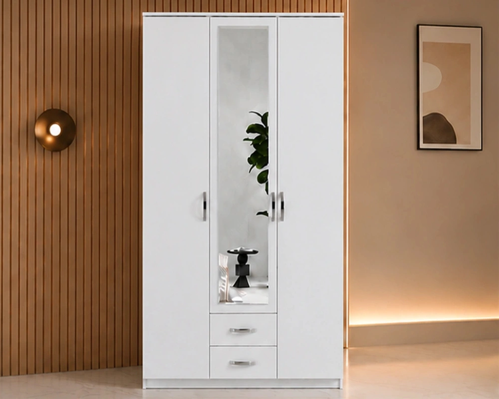 Armoire Blanche Élégante 3 Portes Grand Miroir avec 2 Tiroirs Intégrés -  Grande Penderie et Rangement Intelligent -  Style Moderne pour Chambre Adulte