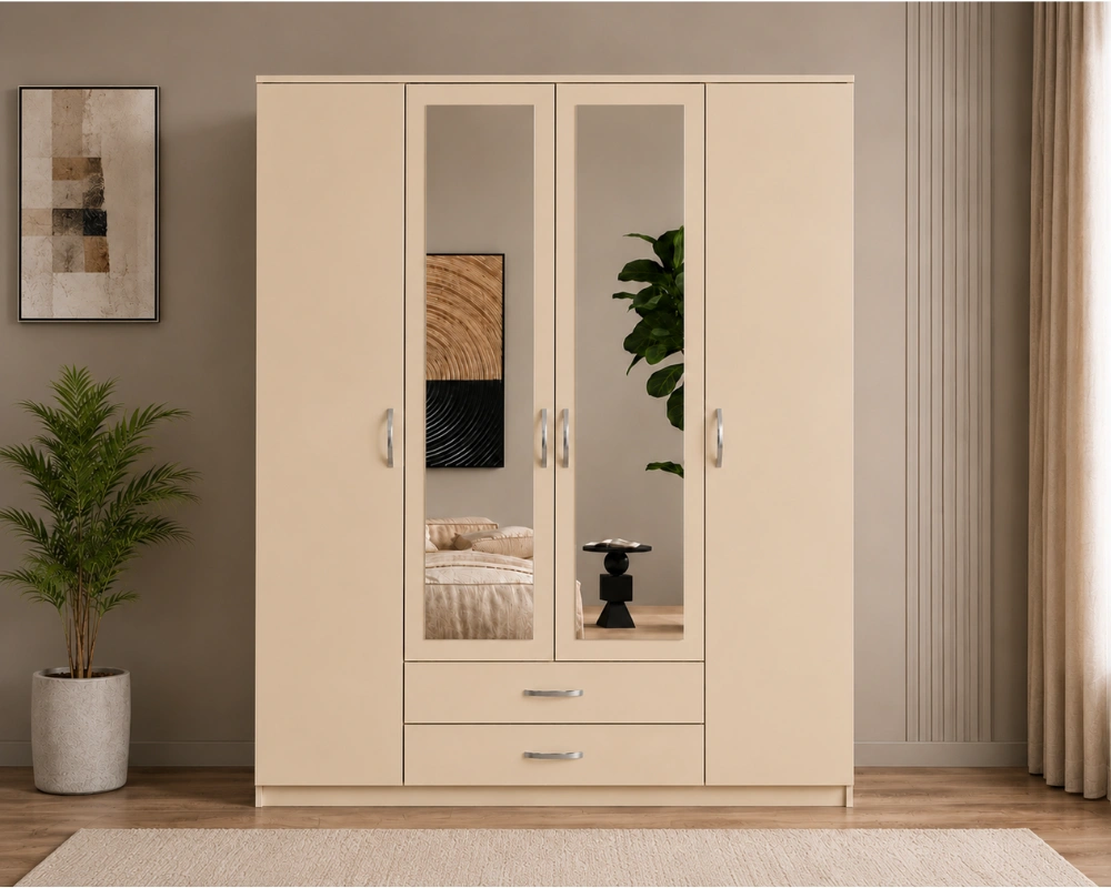 Armoire Beige 4 Portes avec Grand Miroir - 2 Tiroirs Spacieux et Grande Penderie Grande Capacité de Rangement - Design Moderne pour Chambre Adulte – Image 2