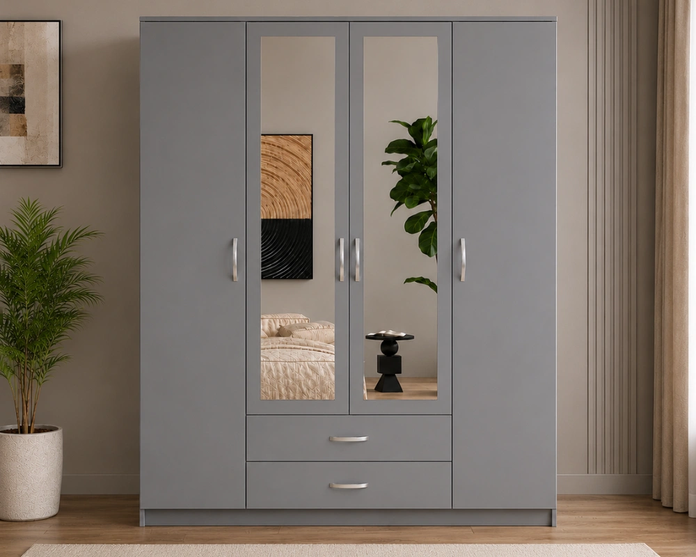 Armoire Grise Contemporaine 4 Portes Grand Miroir Pleine Longueur - 2 Tiroirs et Rangements Spacieux - Style Élégant pour Chambre Moderne – Image 2