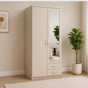 English Armoire Beige Moderne 2 Portes Grand Miroir avec 2 Tiroirs Spacieux Penderie -Fonctionnelle et Rangements Pratiques - Élégance Intemporelle pour Votre Chambre