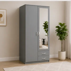 Armoire Grise 2 Portes avec Miroir et 2 Tiroirs Penderie Moderne – Grande Capacité de Rangement - Grande Capacité de Rangement
