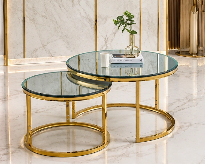 Ensemble de Tables Basses Gigognes – Verre Trempé & Structure Dorée – Image 4