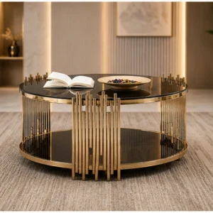 Table Basse Ronde Luxe – Verre Noir & Structure Dorée