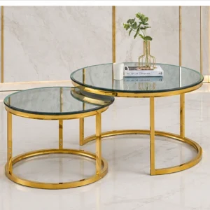 Ensemble de Tables Basses Gigognes – Verre Trempé & Structure Dorée