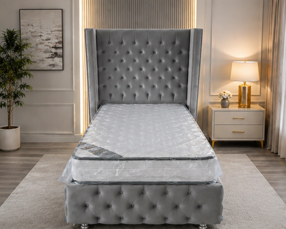 Lit Coffre Capitonné Luxe 90×190 cm | Velours Gris avec Sommier Relevable & Grand Rangement