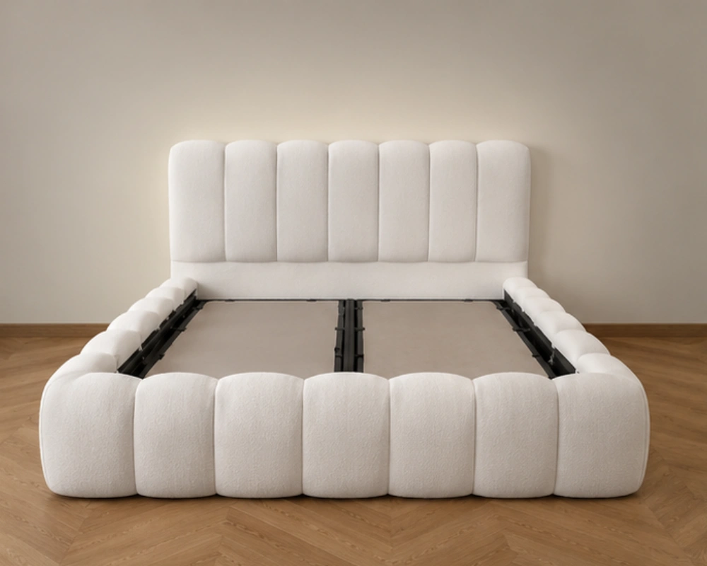 Lit Coffre 180x200 cm Velours Blanc | King Size | Lit Coffre Premium | Grand Rangement | Style Contemporain