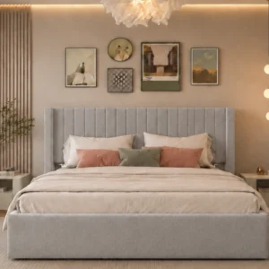 Lit 140x190 cm en Velours Beige – Design Moderne avec Tête de Lit Capitonnée | Confort Premium