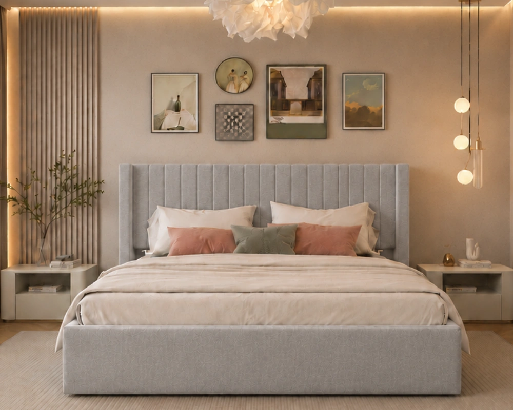 Lit 140x190 cm en Velours Beige – Design Moderne avec Tête de Lit Capitonnée | Confort Premium