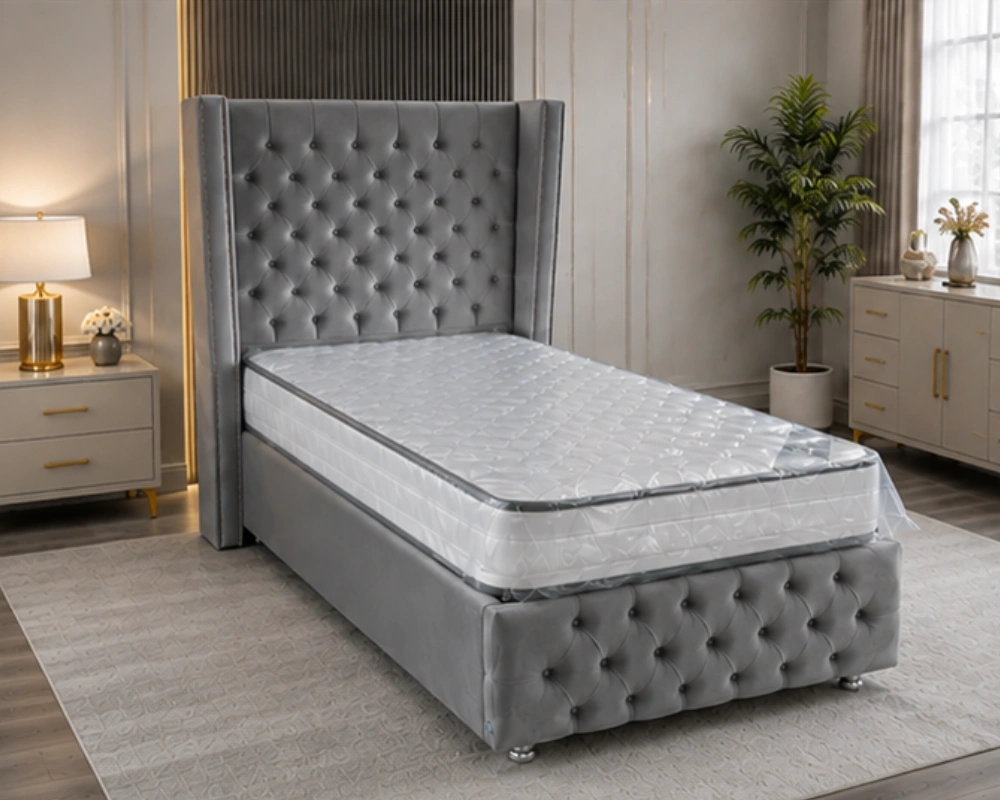 Lit Coffre Capitonné Luxe 90×190 cm | Velours Gris avec Sommier Relevable & Grand Rangement – Image 4