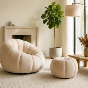 Fauteuil Bouclé avec Pouf Design Moderne - Ensemble Fauteuil et Pouf Bouclé - Fauteuil Bouclé Moderne avec Pouf pour Salon