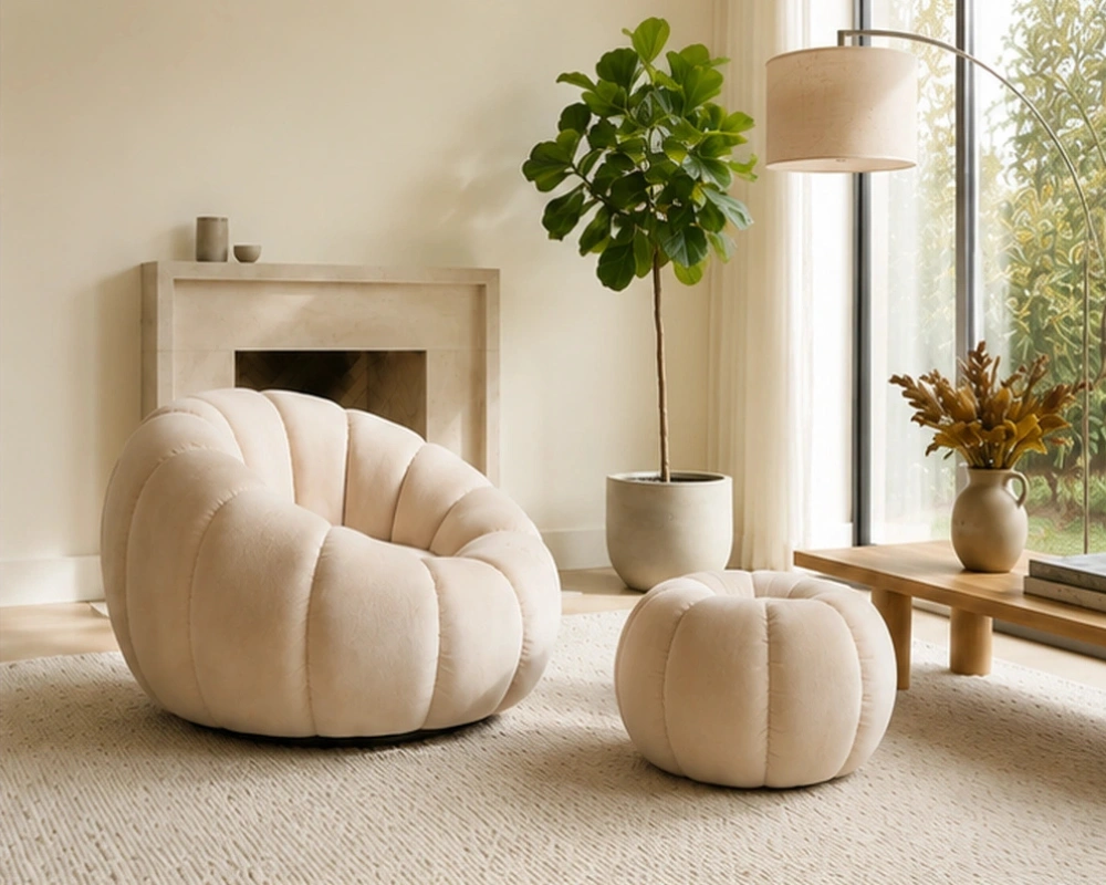 Fauteuil Bouclé avec Pouf Design Moderne - Ensemble Fauteuil et Pouf Bouclé - Fauteuil Bouclé Moderne avec Pouf pour Salon
