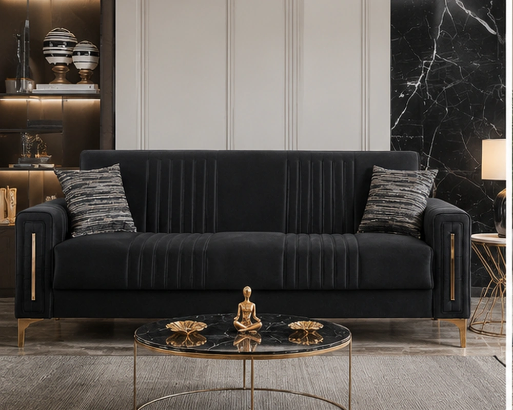 Canapé-lit 3 places moderne noir – Design luxueux - Canapé convertible 3 places noir en velours avec finition dorée