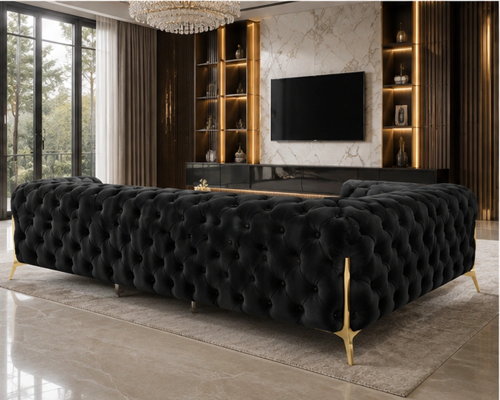 Canapé d’angle noir capitonné avec design élégant - Grand canapé d’angle noir en velours – Image 3