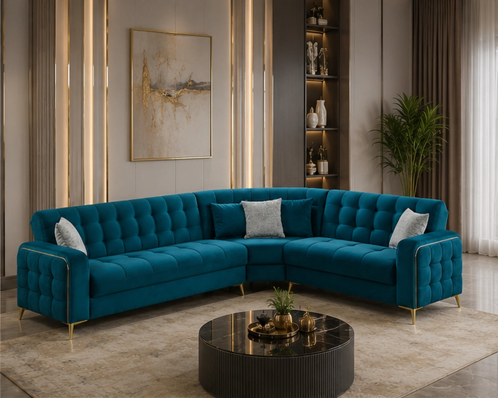 Canapé d’angle bleu pétrole avec capitonnage élégant - Canapé d’angle moderne bleu velours – Design luxueux
