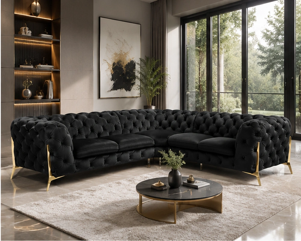 Canapé d’angle noir capitonné avec design élégant - Grand canapé d’angle noir en velours