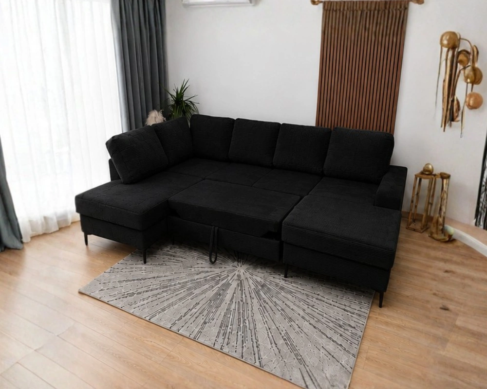 Canapé d'Angle Panoramique Convertible Noir avec Coffres de Rangement | Canapé-Lit Moderne en Tissu Premium | Salon Contemporain