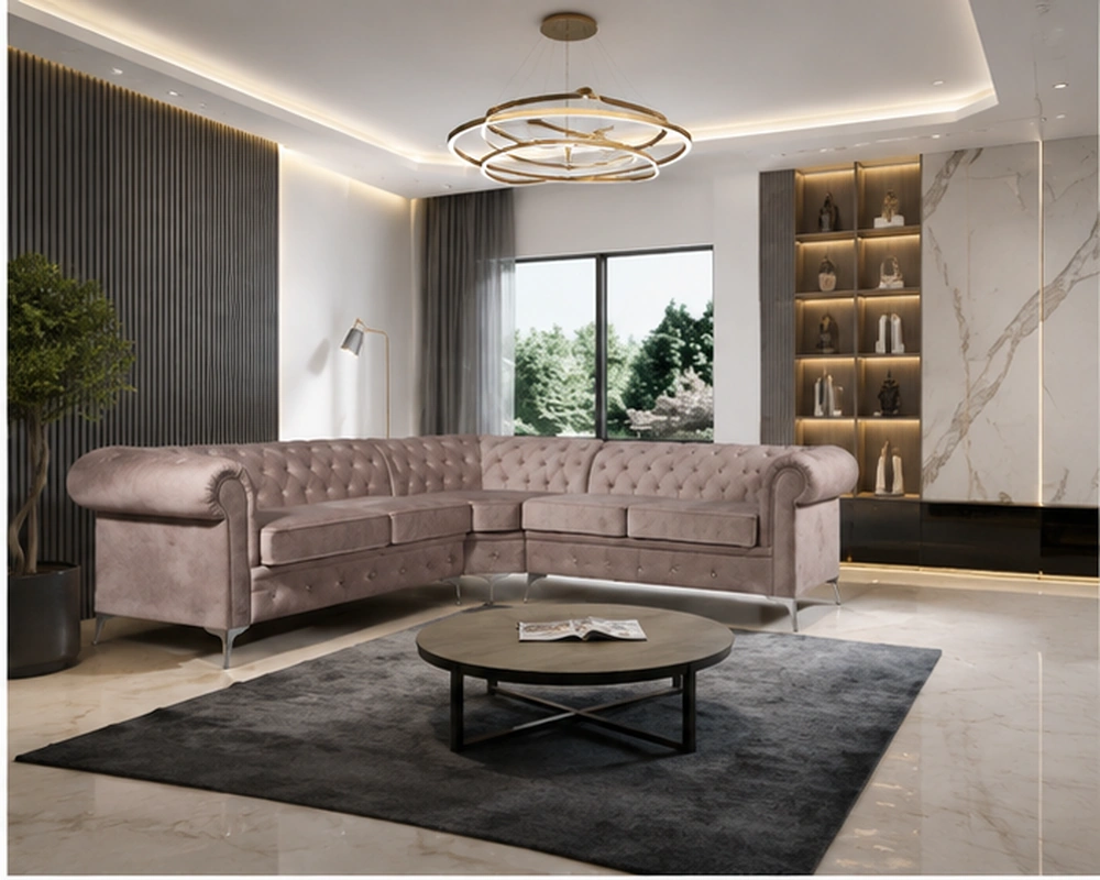 Canapé d'Angle Chesterfield - Canapé d'Angle en Velours de Luxe pour Salon Moderne