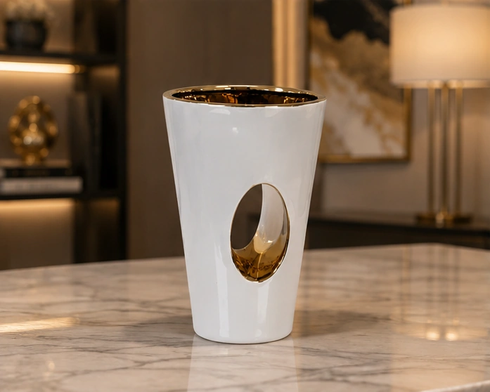 Vase Décoratif Blanc et Doré au Design Sculptural – Finition Raffinée et Élégance Contemporaine