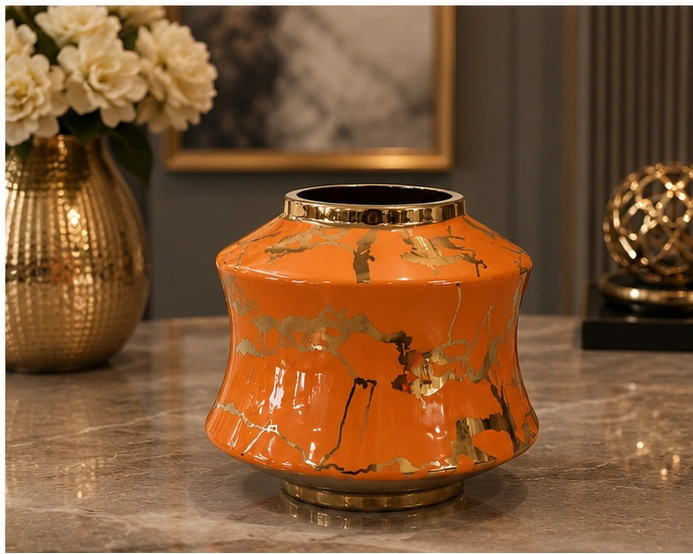 Vase Décoratif Orange et Doré au Design Sculptural – Effet Marbré et Finition Luxueuse – Image 3