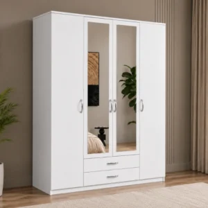 Armoire Blanche Élégante 4 Portes Grand Miroir avec 2 Tiroirs Intégrés Rangement Intelligent et Grande Penderie Style Contemporain pour Chambre Moderne