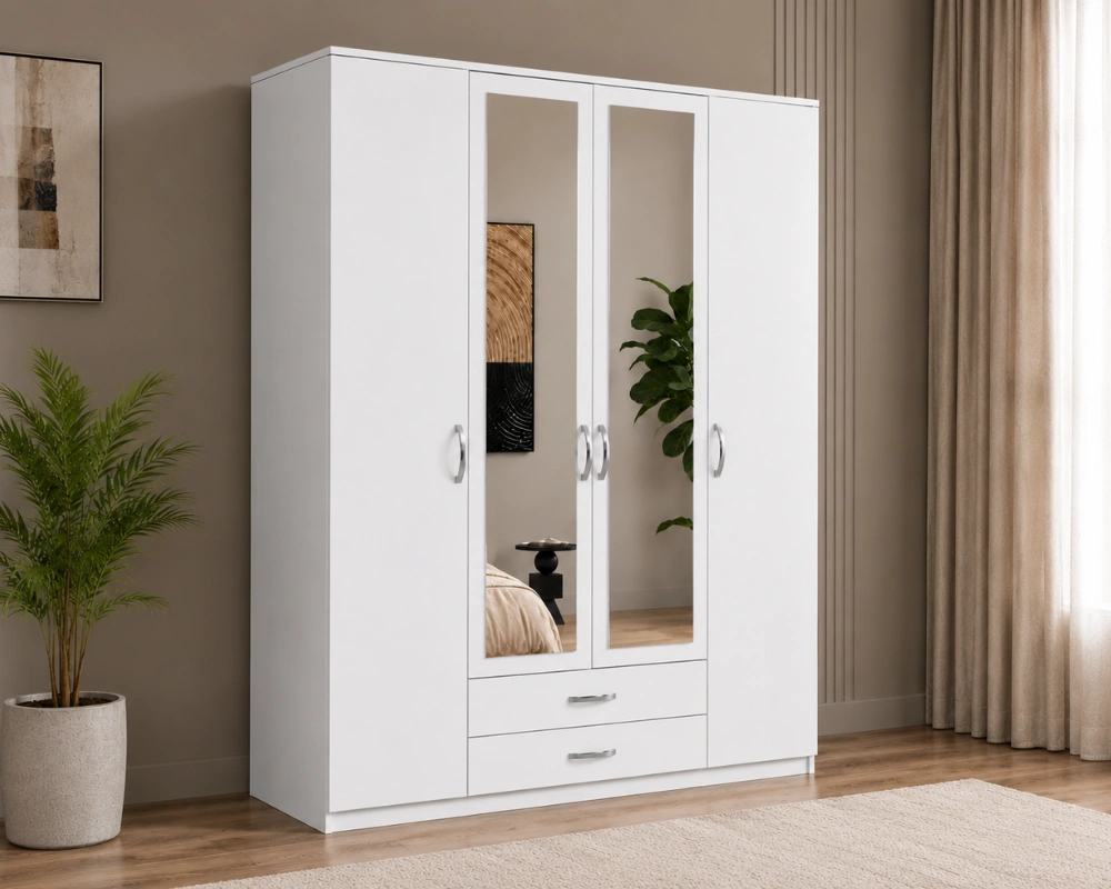 Armoire Blanche Élégante 4 Portes Grand Miroir avec 2 Tiroirs Intégrés Rangement Intelligent et Grande Penderie Style Contemporain pour Chambre Moderne
