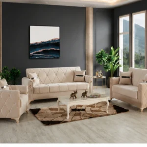 Salon moderne beige avec canapé et fauteuils assortis - Ensemble de salon beige capitonné – Design luxueux