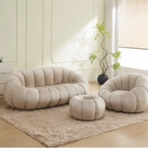 Ensemble Canapé 2 Places avec Fauteuil et Pouf - Ensemble Canapé Bouclé Design Moderne - Ensemble Canapé, Fauteuil et Pouf Beige