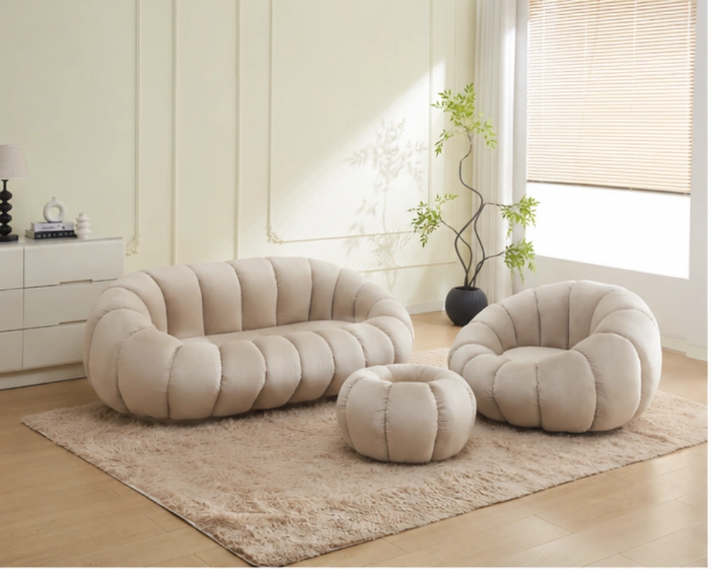 Ensemble Canapé 2 Places avec Fauteuil et Pouf - Ensemble Canapé Bouclé Design Moderne - Ensemble Canapé, Fauteuil et Pouf Beige