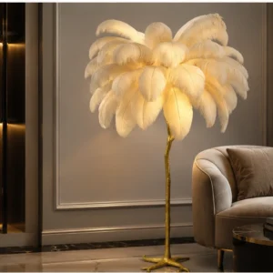 Grande Plante Décorative en Plumes Blanches – Design Palmier Sculptural avec Structure Dorée pour un Intérieur Moderne, Chic et Luxueux