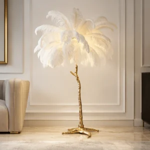 Grande Plante Décorative en Plumes Blanches – Design Palmier Élégant avec Tige Dorée Sculpturale pour un Intérieur Moderne et Luxueux