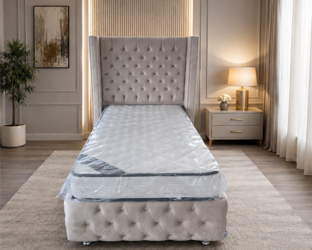 Lit Coffre Capitonné Luxe 90×190 cm – Velours Gris Premium