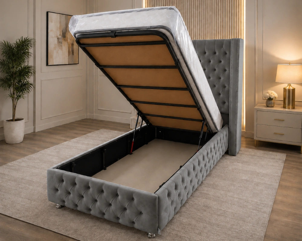 Lit Coffre Capitonné Luxe 90×190 cm | Velours Gris avec Sommier Relevable & Grand Rangement – Image 3
