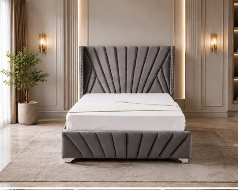 Lit Double 180x200 cm – Tête de Lit Rembourrée et Sommier Inclus