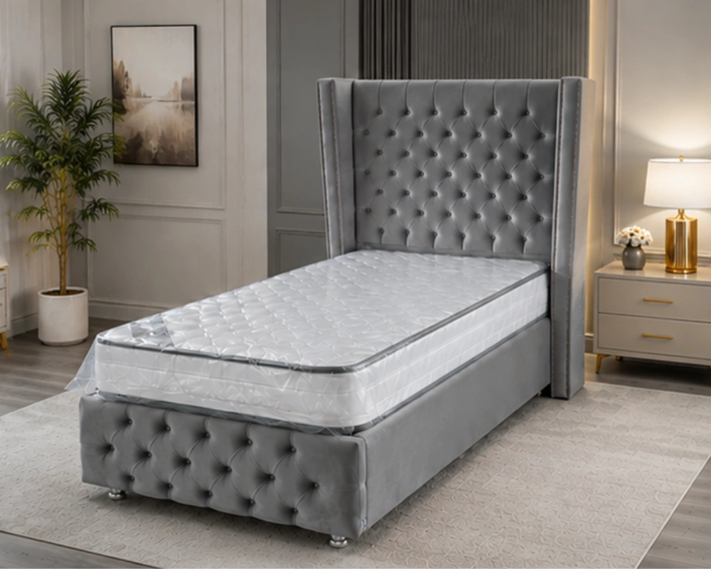Lit Coffre Capitonné Luxe 90×190 cm | Velours Gris avec Sommier Relevable & Grand Rangement – Image 2
