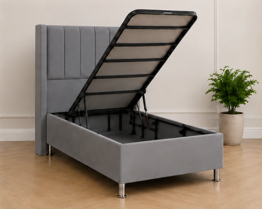 Lit Coffre 1 Place 90x190 cm en Tissu Beige avec Sommier Relevable - Lit Coffre 90x190cm