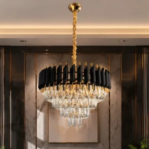 Lustre Suspendu Décoratif en Cristal et Métal Noir – Design Noir et Doré avec Cascade de Cristaux pour un Intérieur Moderne et Luxueux