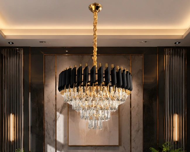 Lustre Suspendu Décoratif en Cristal et Métal Noir – Design Noir et Doré avec Cascade de Cristaux pour un Intérieur Moderne et Luxueux