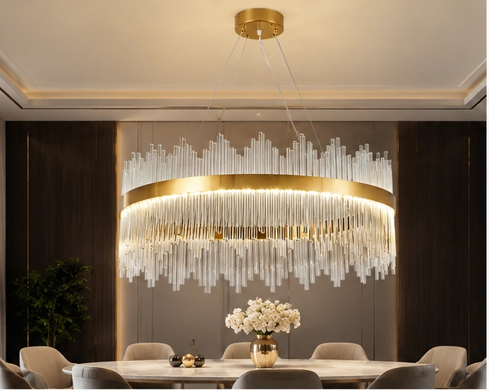 Lustre Suspendu de Luxe en Cristal et Métal Doré – Design Circulaire Moderne avec Cascade de Cristaux pour un Intérieur Chic, Élégant et Sophistiqué – Image 2