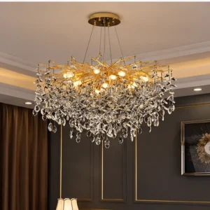 Lustre Suspendu de Luxe en Cristal et Métal Doré – Design Sculptural Inspiré de la Nature avec Cascade de Cristaux pour un Intérieur Moderne, Chic et Sophistiqué
