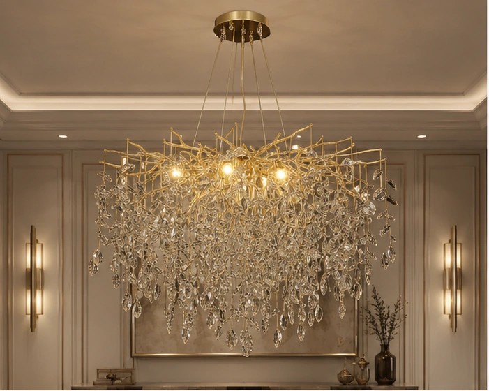 Lustre Suspendu de Luxe en Cristal et Métal Doré – Design Sculptural Inspiré de la Nature avec Cascade de Cristaux pour un Intérieur Moderne et Raffiné – Image 2