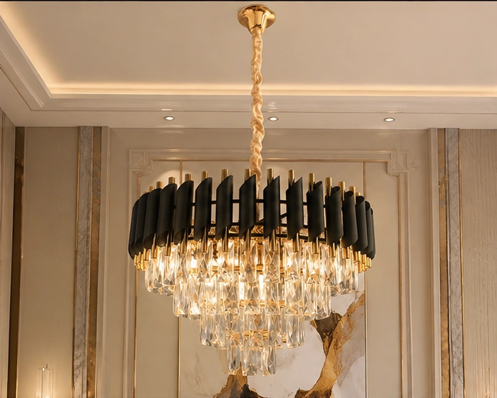Lustre Suspendu de Luxe en Cristal et Métal Noir et Doré – Design Circulaire Sculptural avec Cascade de Cristaux pour un Intérieur Moderne, Chic et Sophistiqué – Image 2