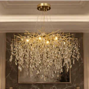 Lustre Suspendu de Luxe en Cristal et Métal Doré – Design Sculptural Inspiré de la Nature avec Cascade de Cristaux pour un Intérieur Moderne et Raffiné