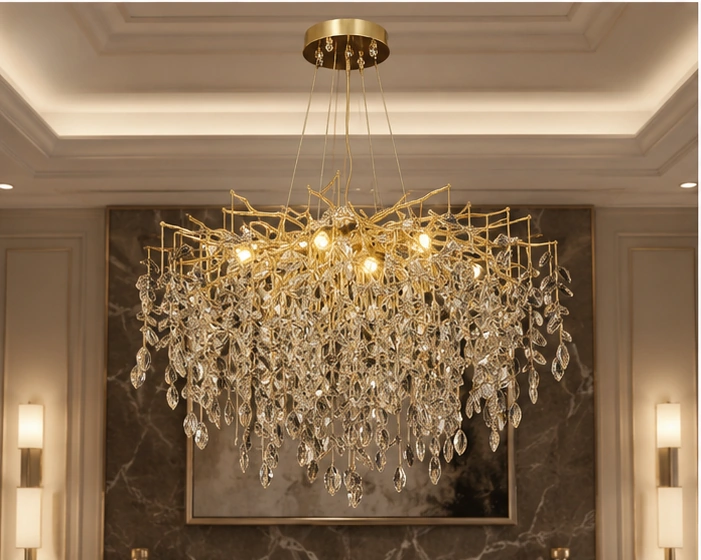 Lustre Suspendu de Luxe en Cristal et Métal Doré – Design Sculptural Inspiré de la Nature avec Cascade de Cristaux pour un Intérieur Moderne et Raffiné