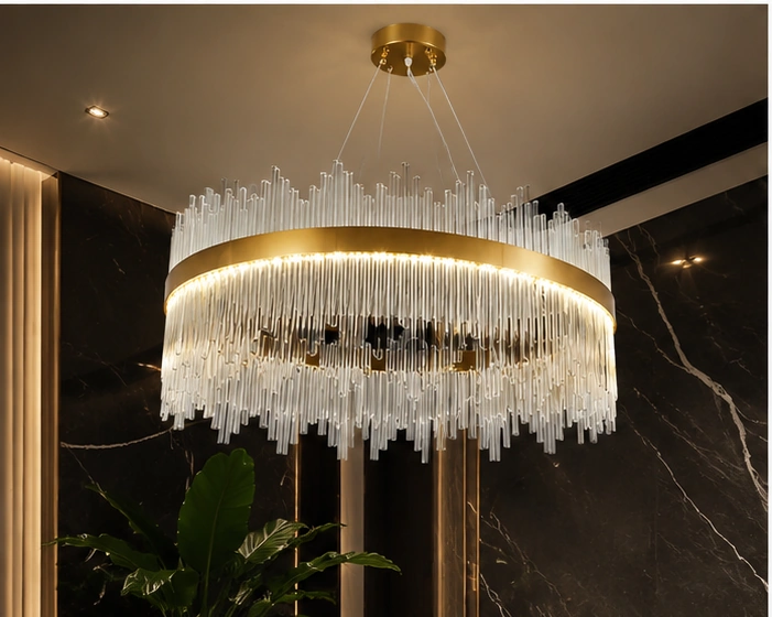 Lustre Suspendu de Luxe en Cristal et Métal Doré – Design Circulaire Moderne avec Cascade de Cristaux pour un Intérieur Chic, Élégant et Sophistiqué – Image 4