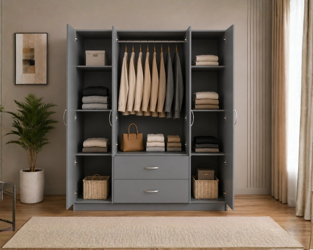 Armoire Grise Contemporaine 4 Portes Grand Miroir Pleine Longueur - 2 Tiroirs et Rangements Spacieux - Style Élégant pour Chambre Moderne – Image 4